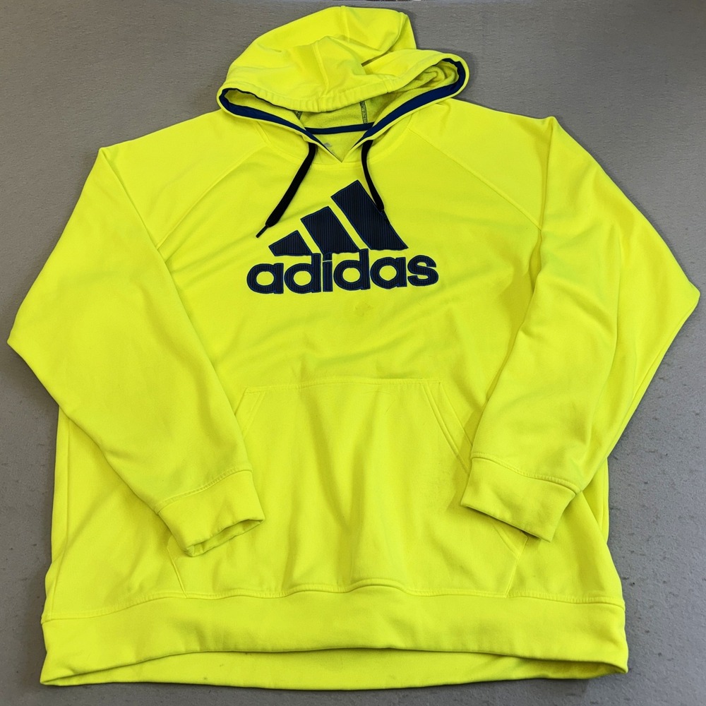 Adidas Hoodie Mens 2XL Neon Yellow Pullover Fleece Logo Sweatshirt Casual Cozy